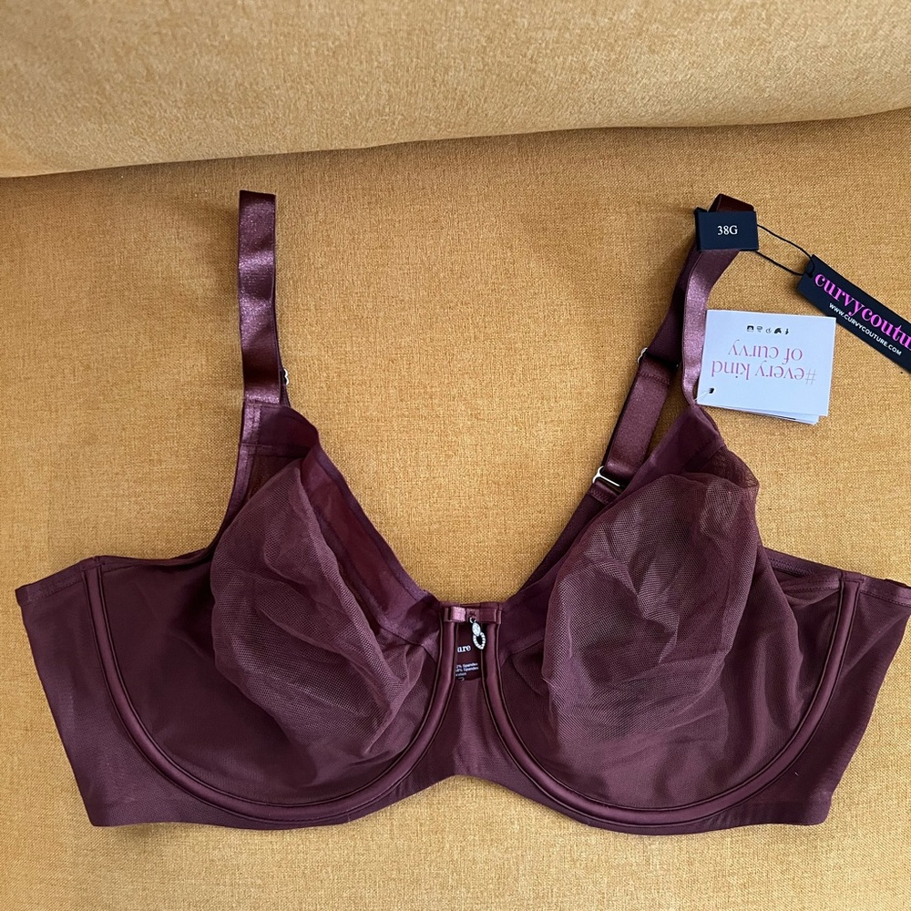 Curvy Couture chocolate color sheer mesh unlined underwire bra 38G. NWT